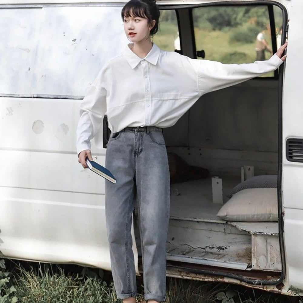 100% Cotton Oversized White Shirt Women Korean Long sleeve Basic Blouse Female Loose Casual Tops Button up Lady Tunic
