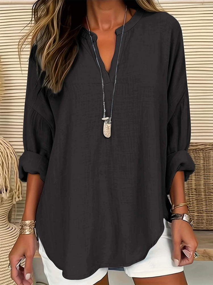 Plus Size 1XL-5XL Women's CasualLadies Fashion Solid Blouse Solid Color Loose Tops V-neck Blouse Long Sleeve Shirt by ChrissysEye