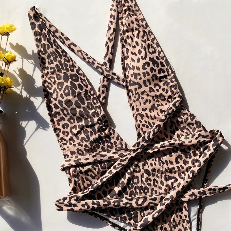 Backless One Piece Swimsuit Bandage Swimwear 2023 Women V Neckline High cut Monokini Swim Pink Leopard Animal Print Bathing Suit