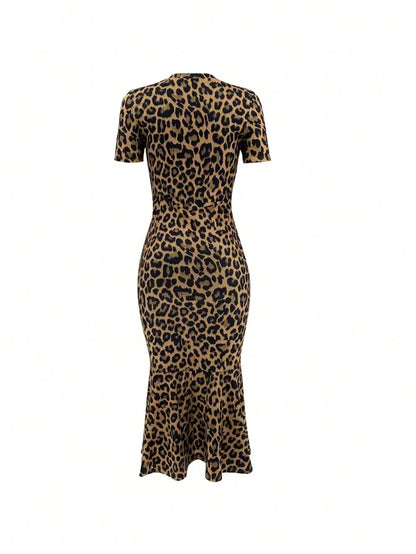 European Style Leopard Print round Neck Short Sleeve Fish Tail Hem Long Dress by ChrissysEye