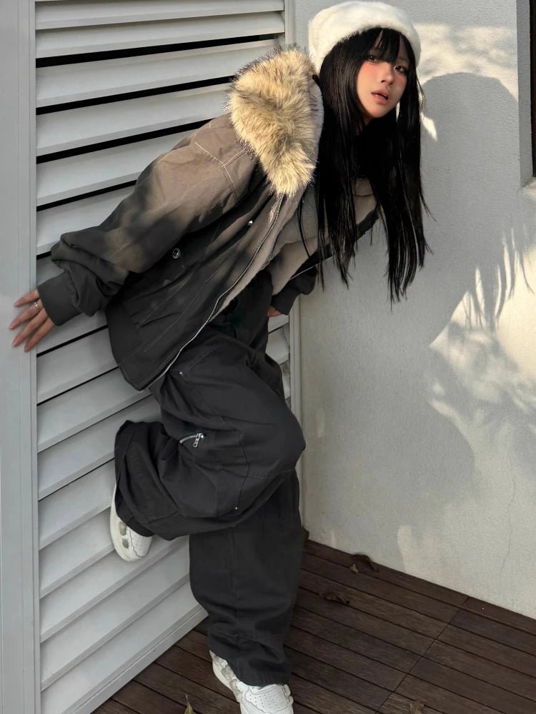 2000s Aesthetic Black Elegant Jacket Woman 2025 Winter Y2k Zip Up Hooded Design Harajuku Coat Female Loose Casual Punk Outfits - Chrissy's Eye