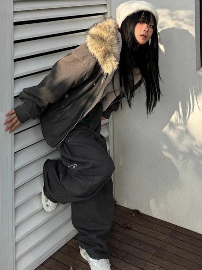 2000s Aesthetic Black Elegant Jacket Woman 2025 Winter Y2k Zip Up Hooded Design Harajuku Coat Female Loose Casual Punk Outfits - Chrissy's Eye