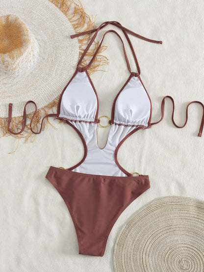 Women's Chocolate Brown Halter One-Piece Swimsuit Cutout Design Metal Ring Decor High Cut Bathing Suit for Beach Vacation