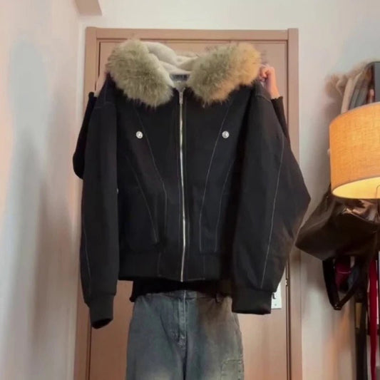 2000s Aesthetic Black Elegant Jacket Woman 2025 Winter Y2k Zip Up Hooded Design Harajuku Coat Female Loose Casual Punk Outfits - Chrissy's Eye