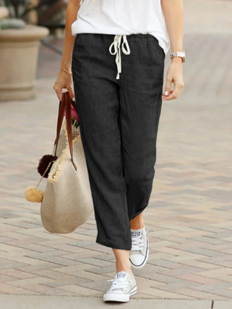 Women Drawstring Cropped Elastic Waist Straight-leg Pants Casual