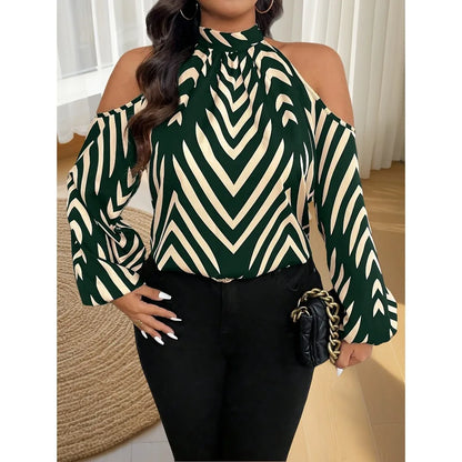 Plus Size Women’s Fashion Striped Printed Off Shoulder Fashionable Shirt