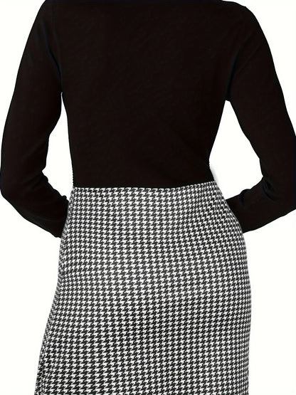 Plus Size Long Sleeve V-Neck Dress for Women Elegant Houndstooth Pattern Stylish and Comfortable Perfect for Office or Evening W