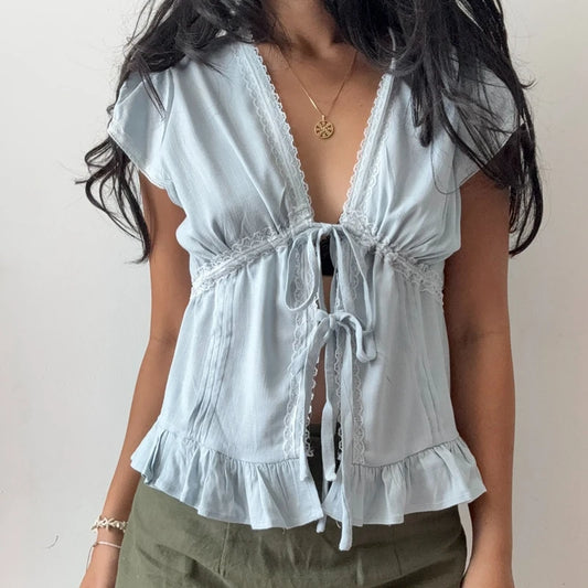 Fairy Lace Trim Blouse Streetwear Teen Girl Ruffles Hem Short Sleeve T Shirt Bow Tie Crop Top Women Y2k Open Front Crop Tops