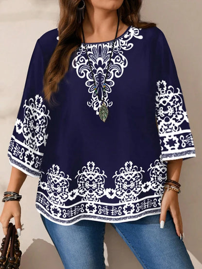 Plus Size Women's Boho Print T - Shirt, Navy Blue with White Floral Patterns, 3/4 Sleeves, Super Comfy for Daily Casual Wear