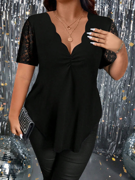 Fashionable plus Size Wave V-Neck Lace Short Sleeve Top Women's Elegant Casual Blouse