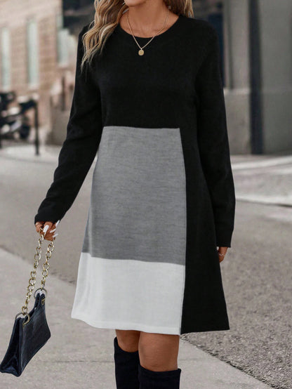 Women's Colorblock Round Neck Dress, Casual Long Sleeve Crew Neck Dress for Fall & Winter, Women's Clothing for Daily Wear