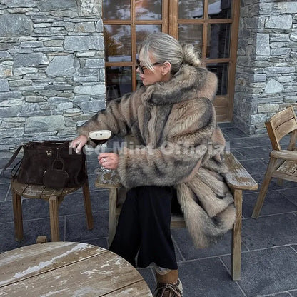 Women's Faux Fur hooded Coat Slavic Style Long Overcoat by ChrissysEye
