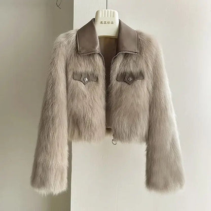 Chic Polo Collar Loose Fur Coat Women Clothing Winter Coat Faux Fox Fur Plush Short Jackets Women Tops - Chrissy's Eye