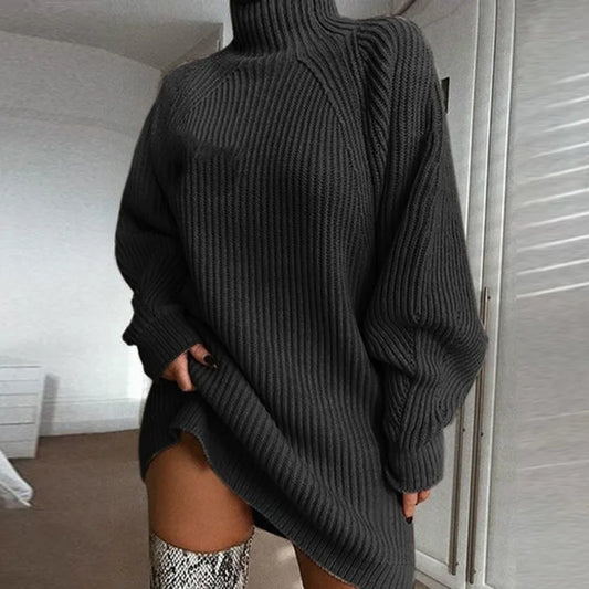 Women's Turtleneck Sweater Dress Solid Long Sleeve Casual Mini Oversized Knitted Dress