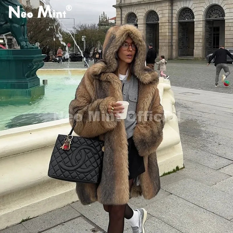 Women's Faux Fur hooded Coat Slavic Style Long Overcoat by ChrissysEye