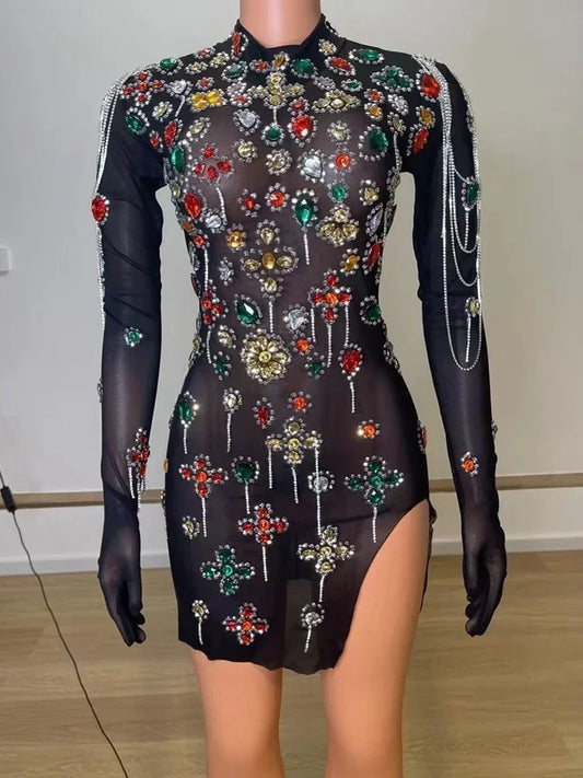 Multi-color Crystal Rhinestones Chain Velvet Short Dress Evening Party Birthday Dress Sexy Performance Show Costume Stage Wear