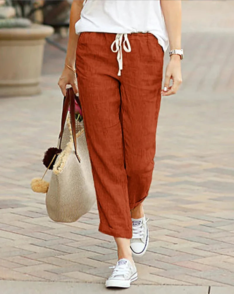 Women Drawstring Cropped Elastic Waist Straight-leg Pants Casual