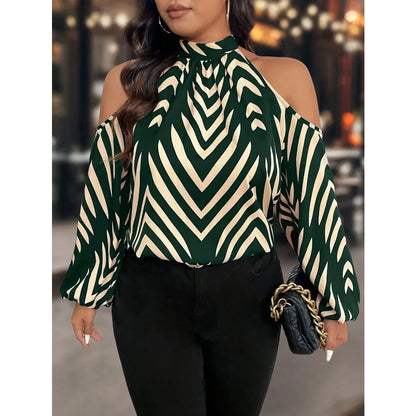 Plus Size Women’s Fashion Striped Printed Off Shoulder Fashionable Shirt