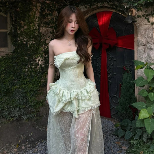 Women's Ruffle Long Dress, Chest Wrap, Backless Lace