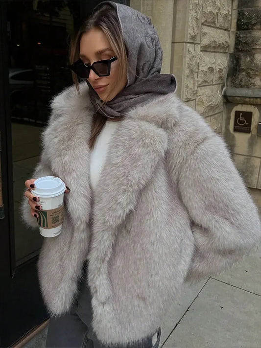 Women's Elegant Solid Faux Fur Coat Long Sleeve Button Jacket Autumn Winter Warm Outerwear Female Fashion High Street Coats