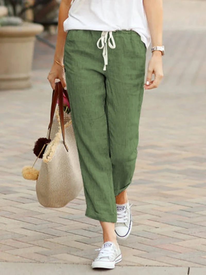 Women Drawstring Cropped Elastic Waist Straight-leg Pants Casual