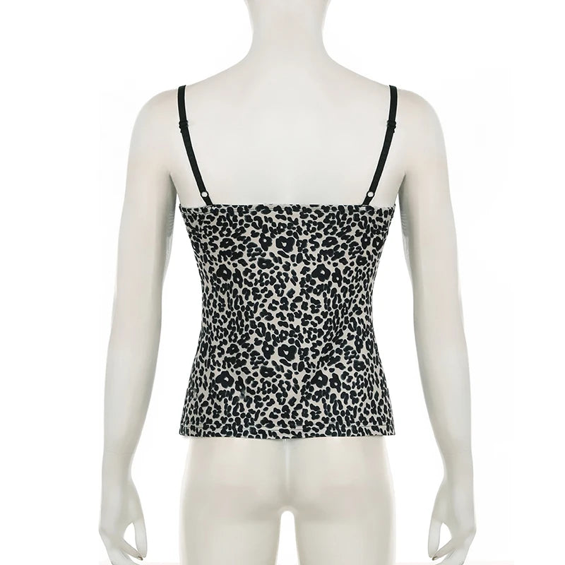 SUCHCUTE Leopard Print Slim Sexy Camisole Y2K Vintage 2000s Lace Patchwork V Neck Spaghetti Strap Tank Top Women Summer Vest New