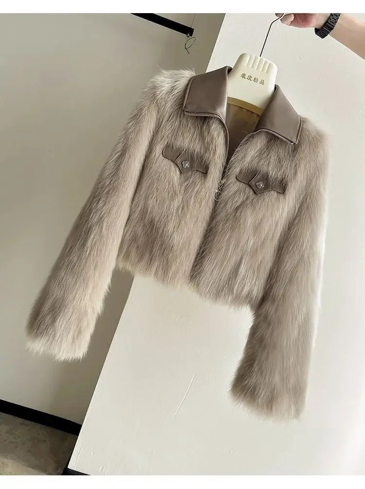 Chic Polo Collar Loose Fur Coat Women Clothing Winter Coat Faux Fox Fur Plush Short Jackets Women Tops - Chrissy's Eye
