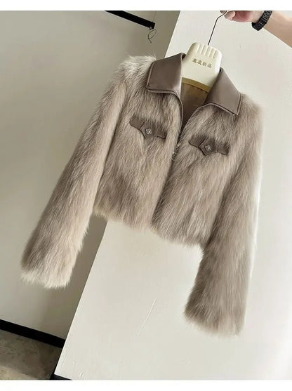 Chic Polo Collar Loose Fur Coat Women Clothing Winter Coat Faux Fox Fur Plush Short Jackets Women Tops - Chrissy's Eye