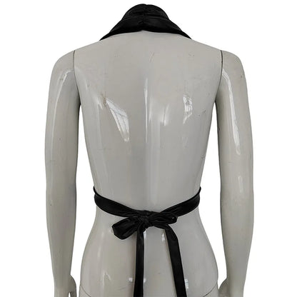 PU Imitation Leather Chest Front Hollow Out Tank Top Women Backless Sleeveless Bandage Halter Crop Tops Tube Top Cropped Vest