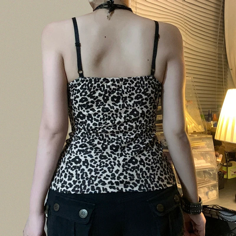 SUCHCUTE Leopard Print Slim Sexy Camisole Y2K Vintage 2000s Lace Patchwork V Neck Spaghetti Strap Tank Top Women Summer Vest New