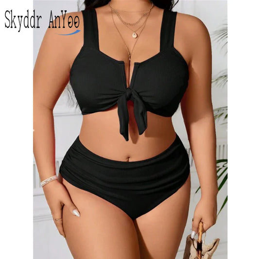 Women's Swimsuit 2025 Plus Size Ribbed Bikinis Sets Two Piece High Waist Black Tummy Control Bathing Suit Swimwear by ChrissysEye