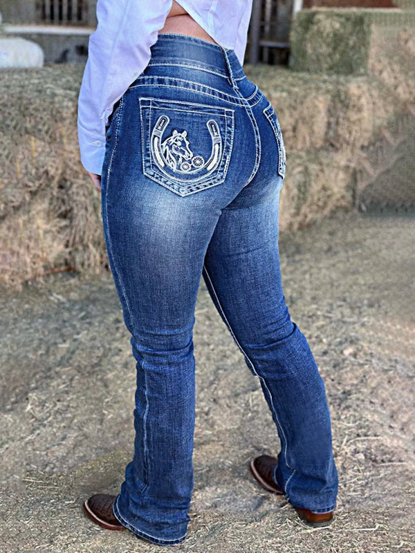 plus Size High Waist Bell Bottom Jeans Women's Western Cowboy Style Embroidered Horse Hoof Slimming Curve-Fit Jeans by ChrissysEye