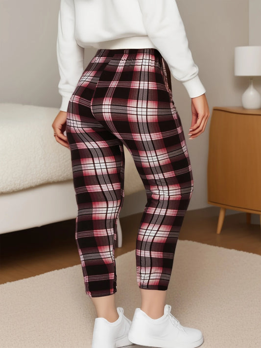 CUHAKCI Plus Size High Stretch Sexy Women's Tight Fitting Red And White checkered Comfortable Sports And Casual Tight Pants