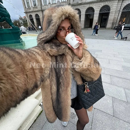 Women's Faux Fur hooded Coat Slavic Style Long Overcoat by ChrissysEye