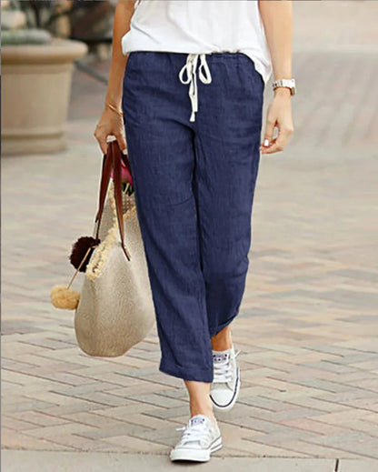 Women Drawstring Cropped Elastic Waist Straight-leg Pants Casual
