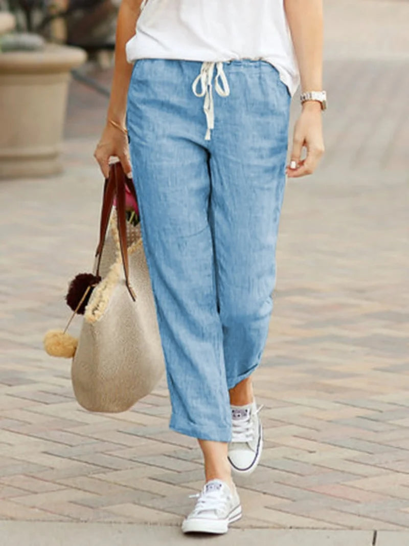 Women Drawstring Cropped Elastic Waist Straight-leg Pants Casual