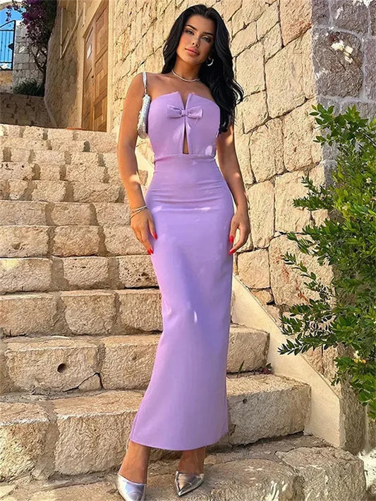 Tee Bow Off-Shoulder Slim Long Dress For Women Patchwork Fashion Elegant Hollow Out Backless Clothes Female Party Dress