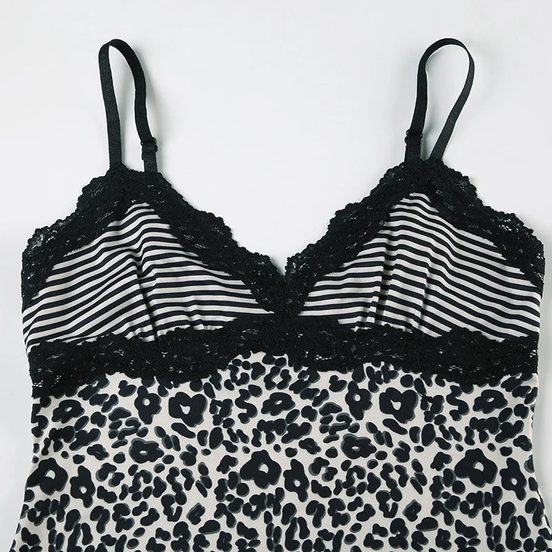 SUCHCUTE Leopard Print Slim Sexy Camisole Y2K Vintage 2000s Lace Patchwork V Neck Spaghetti Strap Tank Top Women Summer Vest New