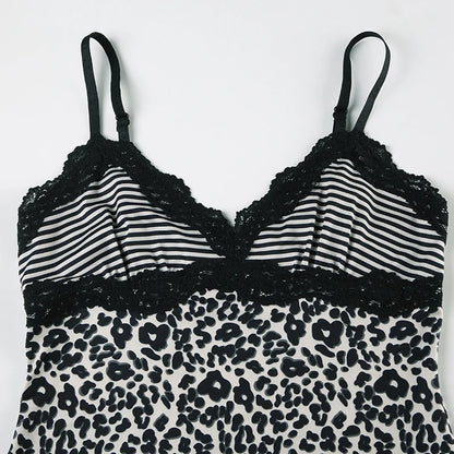 SUCHCUTE Leopard Print Slim Sexy Camisole Y2K Vintage 2000s Lace Patchwork V Neck Spaghetti Strap Tank Top Women Summer Vest New