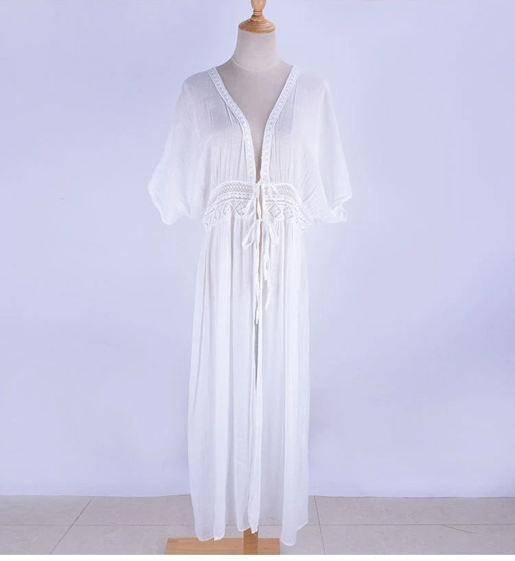 Womens Long Lace Cover Up Sheer Bikini Kimono Tie Front Bathing Suit Swimsuit Beachwear