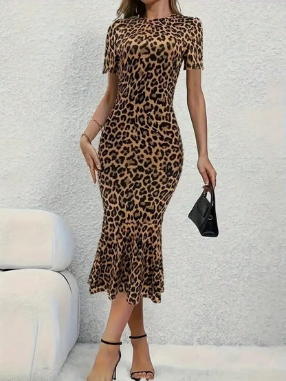 European Style Leopard Print round Neck Short Sleeve Fish Tail Hem Long Dress by ChrissysEye