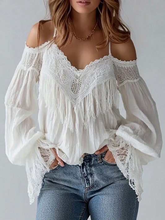 Women's Boho Lace Sexy Off Shoulder Blouse Ruffled Lantern Sleeve Fringes Tops Elegant Female Shirt