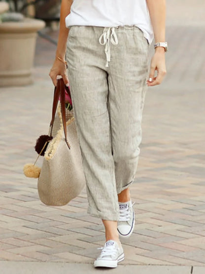 Women Drawstring Cropped Elastic Waist Straight-leg Pants Casual