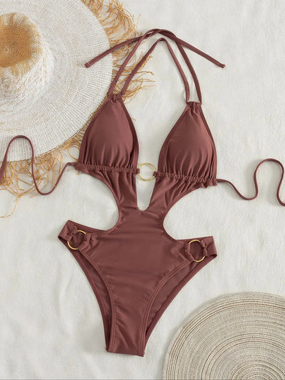 Women's Chocolate Brown Halter One-Piece Swimsuit Cutout Design Metal Ring Decor High Cut Bathing Suit for Beach Vacation