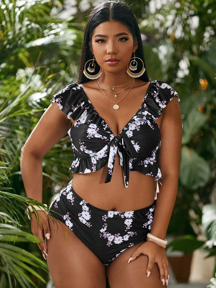 2022 Women Bikinis Set Swimwear Plus Size High Waist Floral Swimsuit Larges Big  Plussize Swimming Suits Bathing Beachwear New