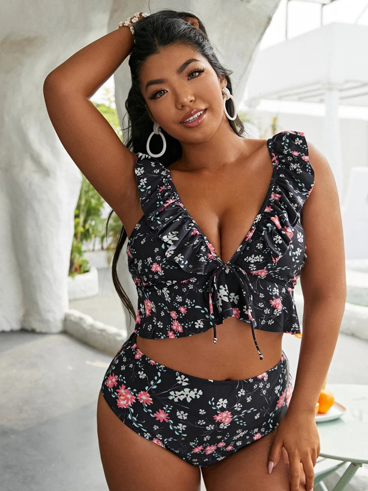 2022 Women Bikinis Set Swimwear Plus Size High Waist Floral Swimsuit Larges Big  Plussize Swimming Suits Bathing Beachwear New