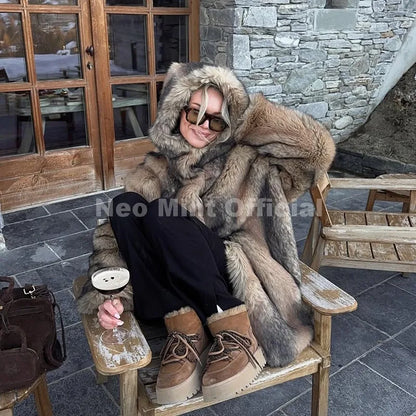 Women's Faux Fur hooded Coat Slavic Style Long Overcoat by ChrissysEye