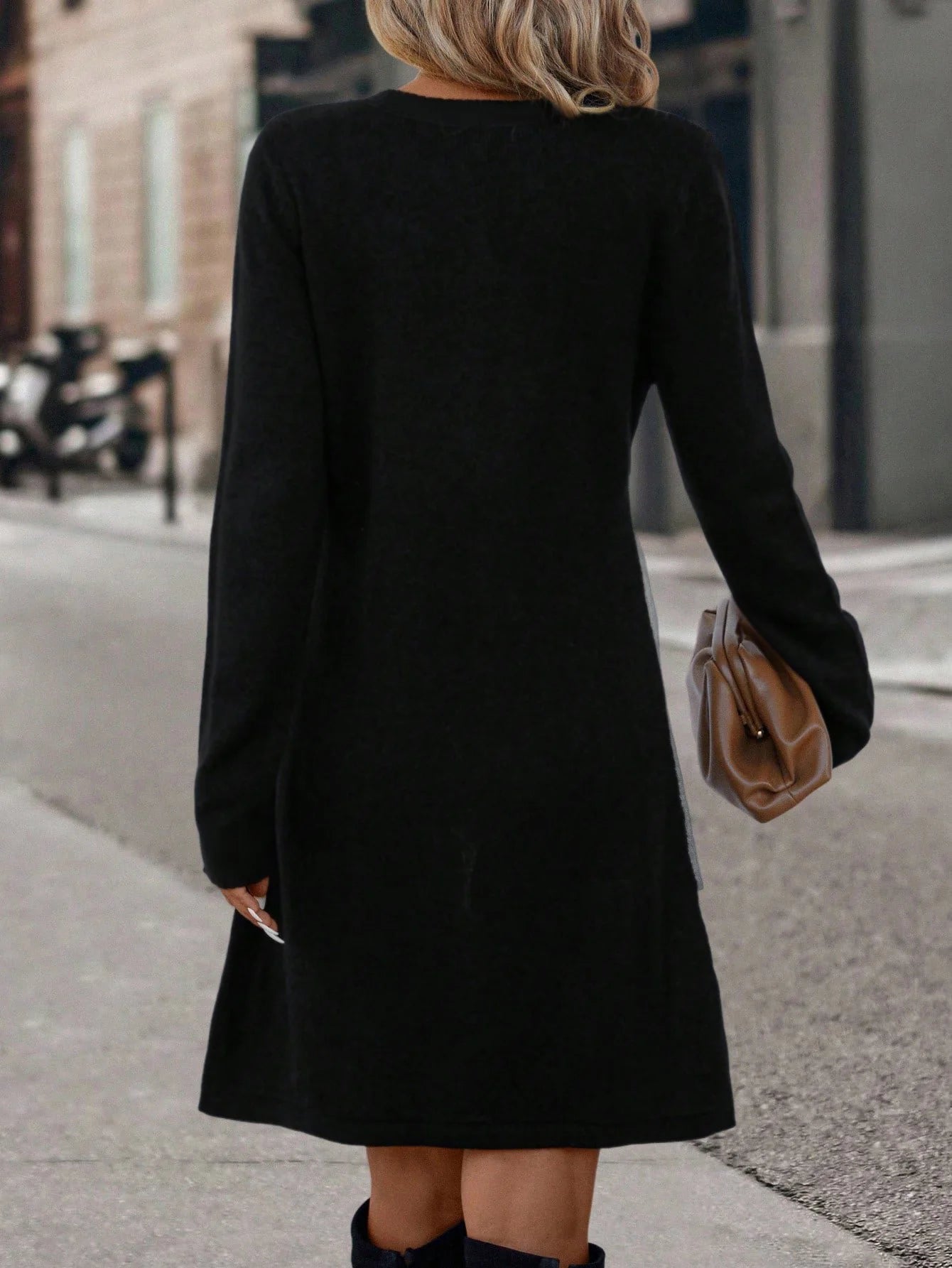 Women's Colorblock Round Neck Dress, Casual Long Sleeve Crew Neck Dress for Fall & Winter, Women's Clothing for Daily Wear