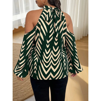 Plus Size Women’s Fashion Striped Printed Off Shoulder Fashionable Shirt