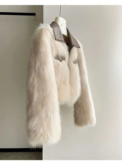 Chic Polo Collar Loose Fur Coat Women Clothing Winter Coat Faux Fox Fur Plush Short Jackets Women Tops - Chrissy's Eye